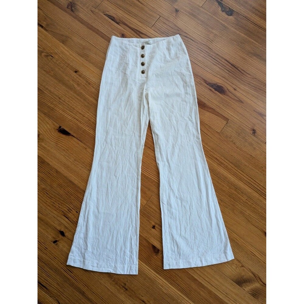 Versona Women's Linen Blend Bell Bottom White Pants Sz 2 High Rise Buttons 28x31